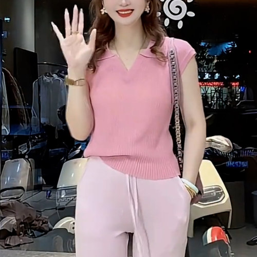 夏季简约翻领短袖修身针织上衣女