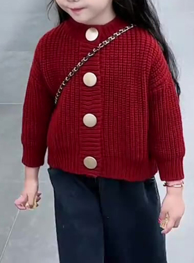 女童毛衣冬季秋季春秋小童红色百搭休闲童装套装洋气韩版圆领开衫