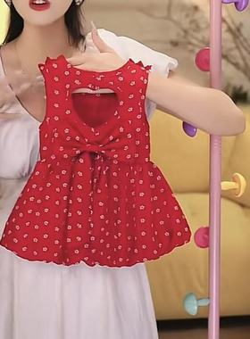 女童连衣裙夏装新款小女孩裙子波西米亚风红色波点挂脖吊带裙吊带