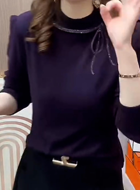 双面一体绒半高领蝴蝶结烫钻纯色打底上衣洋气休闲减龄百搭小衫女