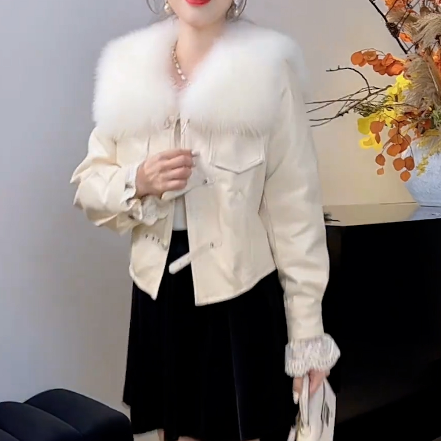 连帽拉链外套高端设计感皮草外套