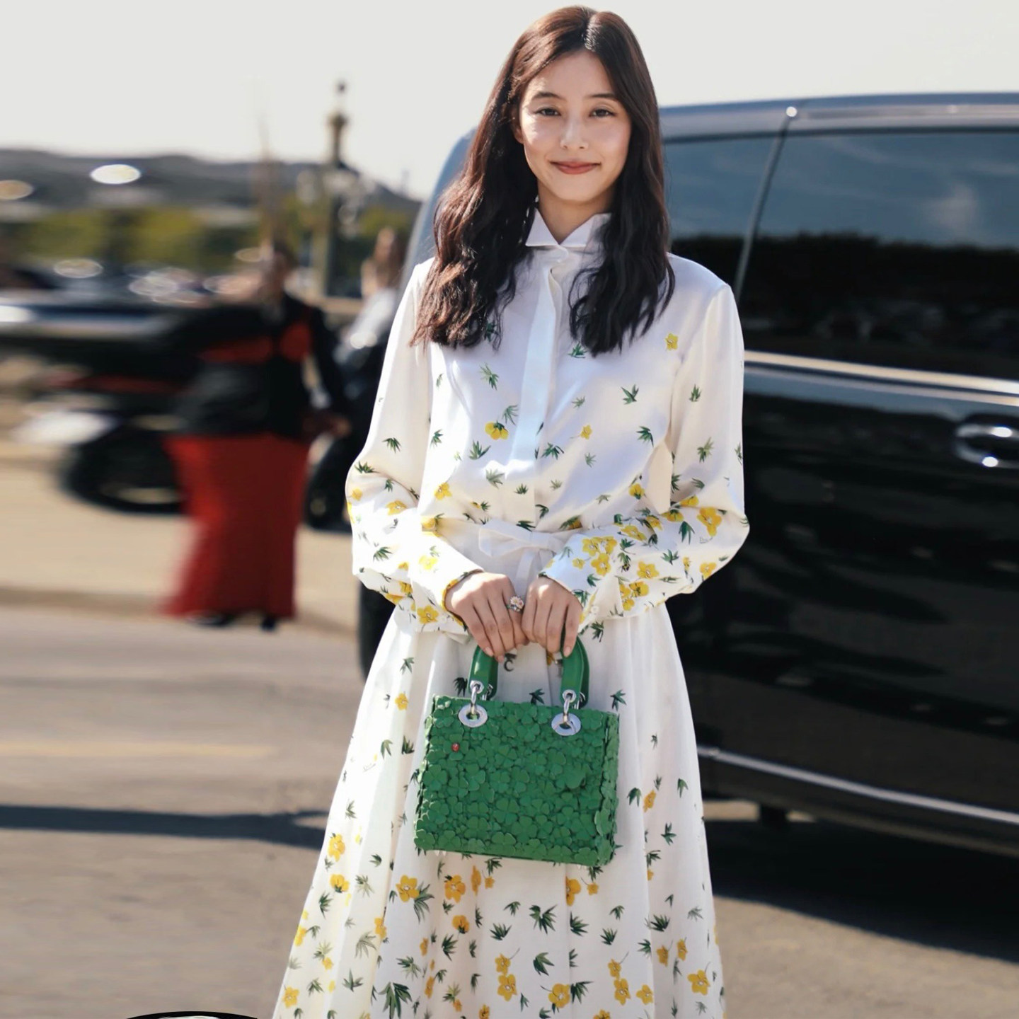 假日花园风印花套装女春夏蝴蝶结领带衬衫A字裙两件套