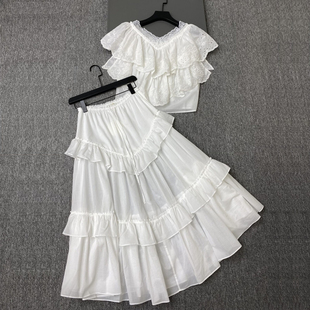 白色荷叶边蛋糕裙女春夏套装显瘦百搭分层裙摆时尚两件套