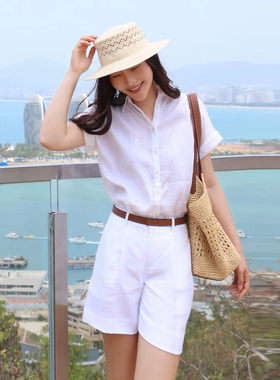轻熟简约风白色翻领短袖衬衫女夏季百搭修身显瘦减龄上衣