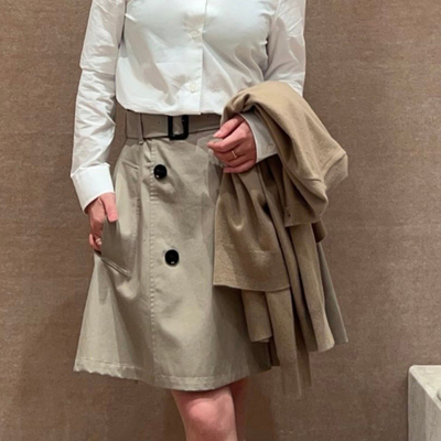 复古双排扣A字半身裙女卡其色中长款腰带开衩裙子