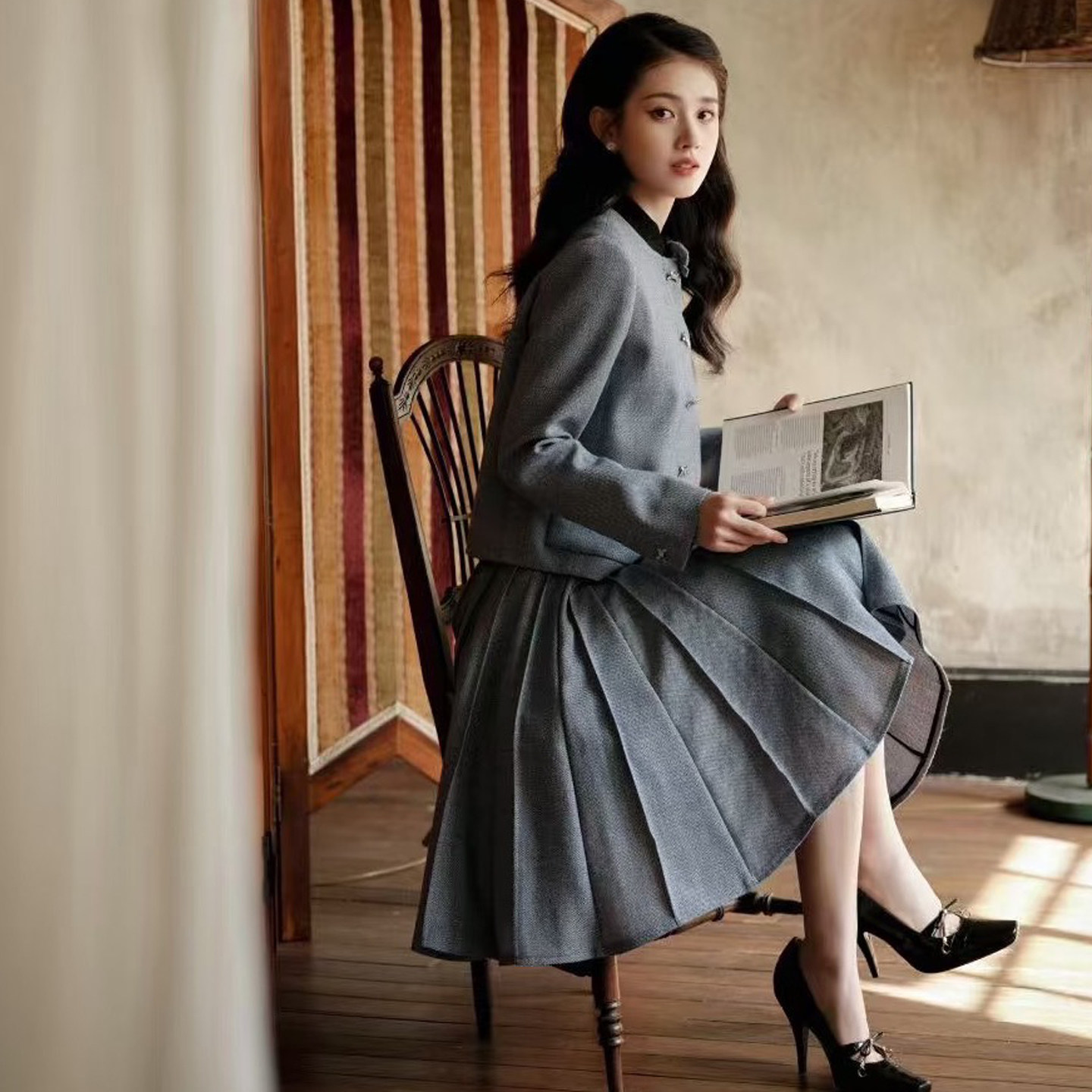 复古立领西装外套女冬季蝴蝶结小香风显瘦两件套装女千金风