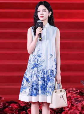 青花瓷风无袖立领A字连衣裙女蓝色印花荷叶摆中裙