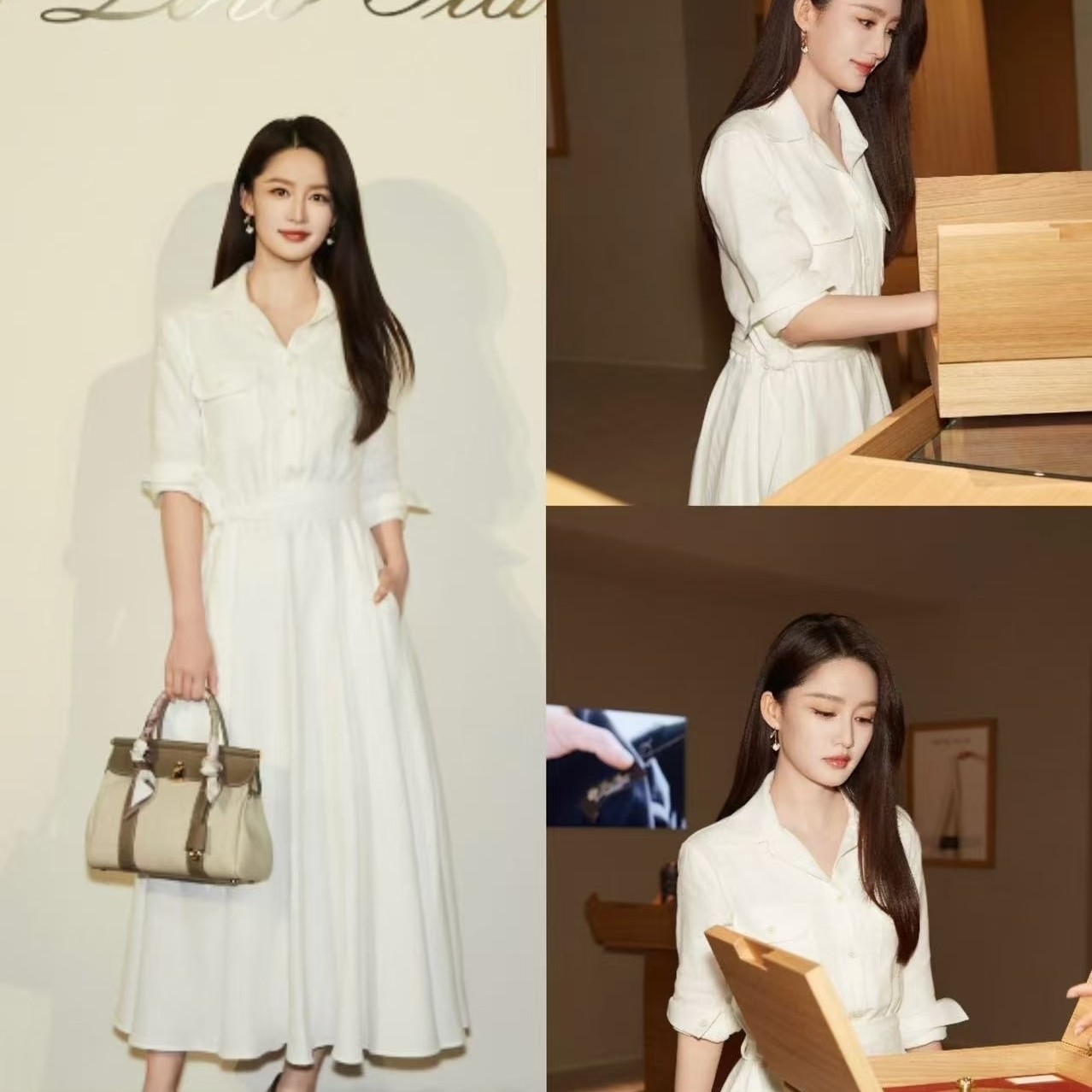 明星同款白色长袖衬衫连衣裙女收腰系带亚麻质感长裙
