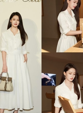明星同款白色长袖衬衫连衣裙女收腰系带亚麻质感长裙