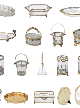 欧式黄铜玻璃果盘收纳桶托盘首饰盒纸巾盒相框镜子烛Y杯样板间摆