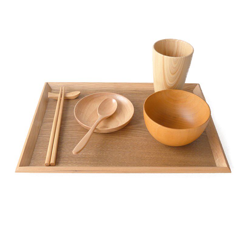 日式一人食餐具七件套装 木杯木碗木碟木勺木O筷 大号木质餐盘托