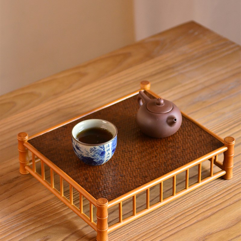 梅鹿竹茶具收纳盘竹制干泡台茶道端茶盘茶棚茶杯S架茶托盘竹编茶