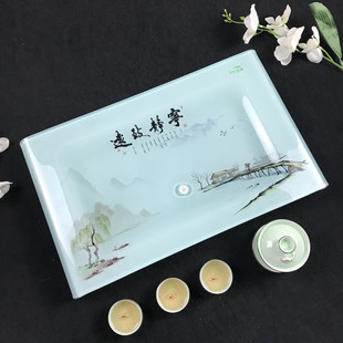 长方形小号功夫茶具新品 玻璃茶盘钢化e琉璃家用一体实木排水式 包