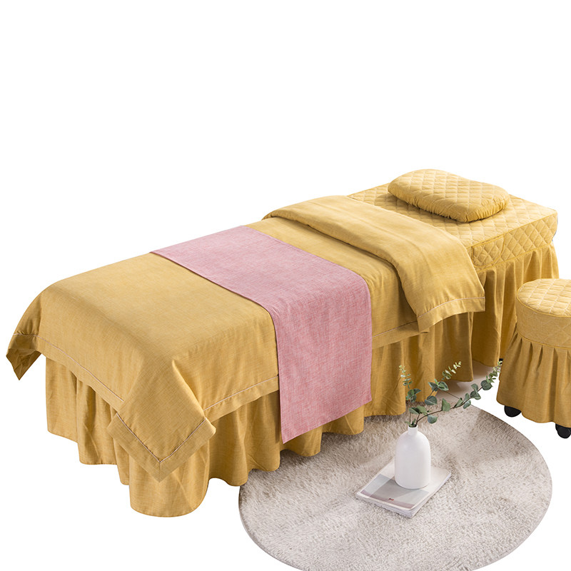 棉麻美容院床罩四件套专用按摩理B疗带洞奢华高档定做黄色圆头纯