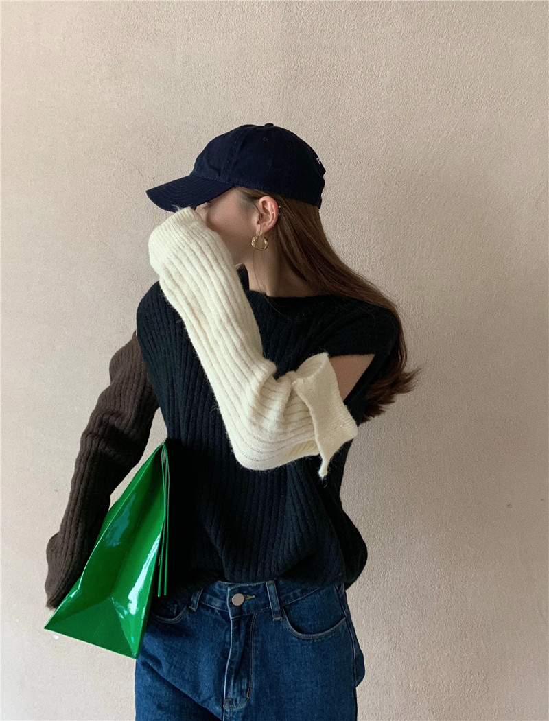 Real shot real price Korean color matching off shoulder casual sweater in autumn and winter