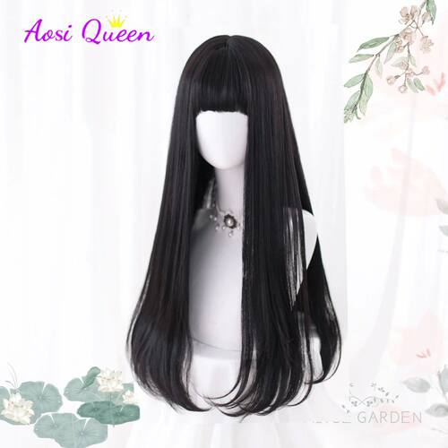 AS Long Straight Black Synthetic Wig For Woman With Bangs bl