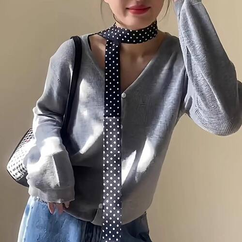 Women Narrow Long Scarf Polka Dot Tie Bag Ribbon Headband Ch