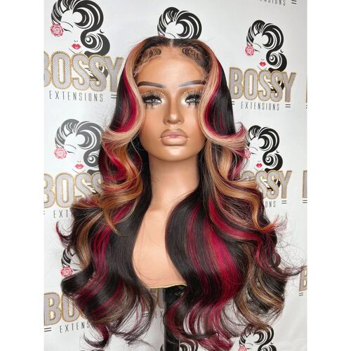 Black with Red Blonde Highlights Wig Synthetic 13x4 Lace Fro