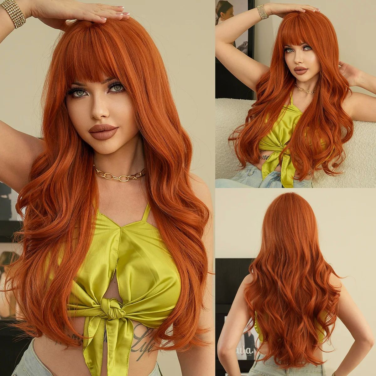 New Orange Wigs Bangs Long curly hair straight bangs Synthet