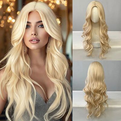 Blonde women's synthetic wig with large waves and long curly