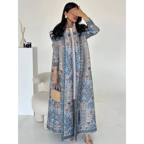 Elegant Print Pleated Cardigan Abay Women Casual Long Dress