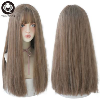 7JHHWIGS Long Straight Synthetic Light Brown Wigs With Bang
