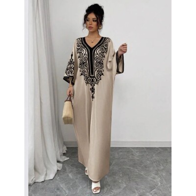 Elegant Muslim Abay V Neck Loose Party Jalabiya Robe