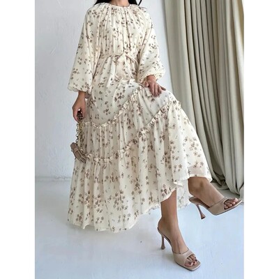 Long-Sleeved Floral Loose-Fitting Elegant Arabic Dress for W