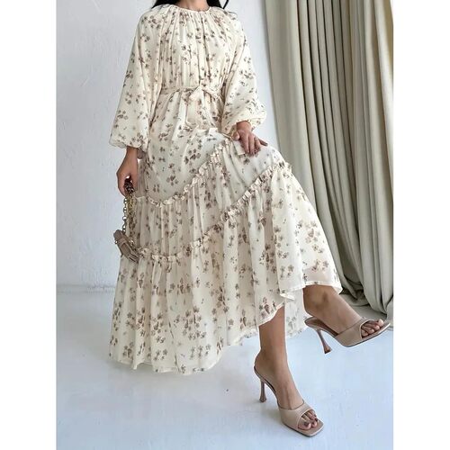 Long-Sleeved Floral Loose-Fitting Elegant Arabic Dress for W