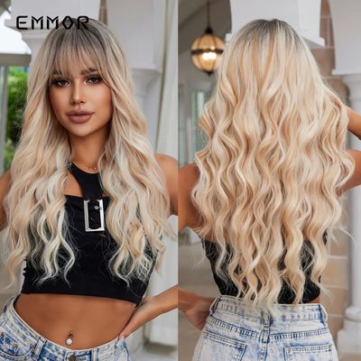 Emmor Long Wavy Blonde Synthetic Wigs Ombre Brown Daily Natu