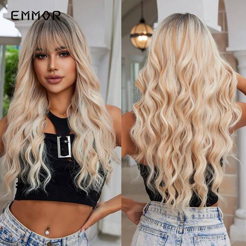 Emmor Long Wavy Blonde Synthetic Wigs Ombre Brown Daily Natu