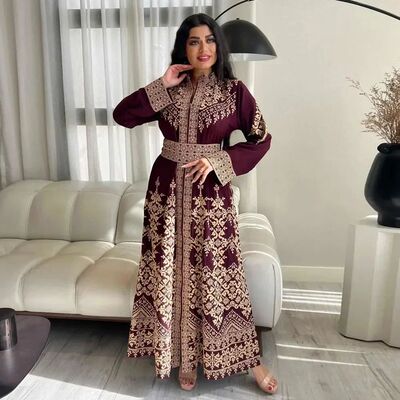 Ramdan  Print Jalabiya Muslim Women Zipper Long Dress Robe D