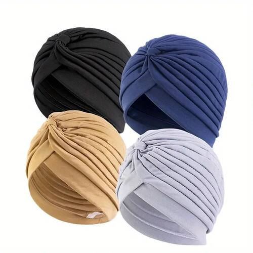 4pcs/set Solid Color Turban Cap Elastic Bonnet Head Scarf Wo
