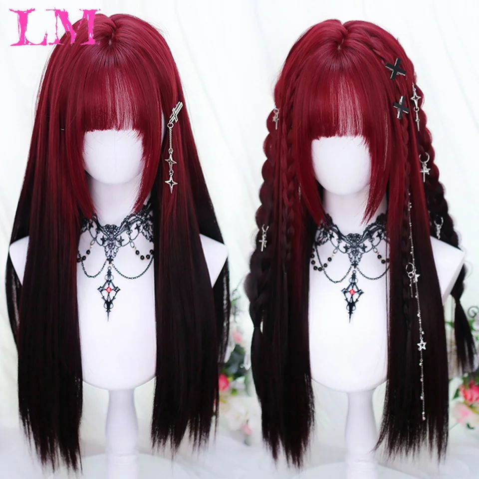 LM Black Wine Red Long Wavy Synthetic Wig High Temperature N