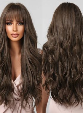 Brown Wavy Wigs for Women with Bangs Long Natural Synthetic