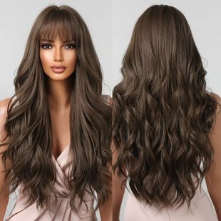Brown Wavy Wigs for Women with Bangs Long Natural Synthetic