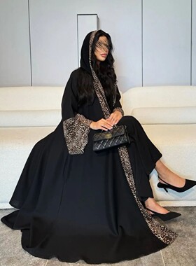 Women Muslim Abay Leopard Cardigan with Scarf Dress 2025 Ves