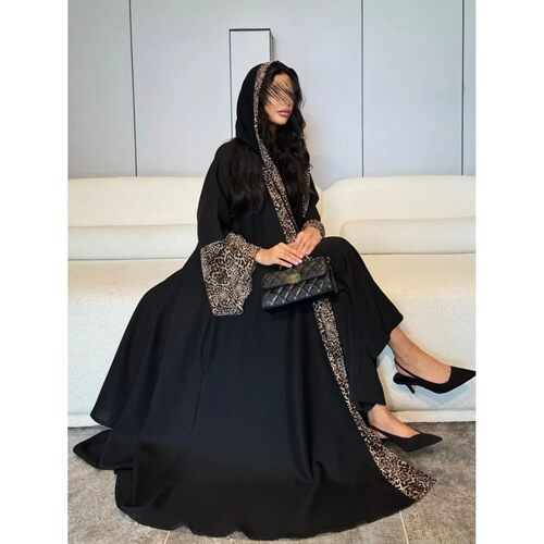 Women Muslim Abay Leopard Cardigan with Scarf Dress 2025 Ves