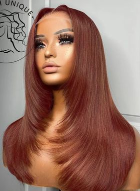 Reddish Brown Straight Lace Front Wigs Layered Cut Wig Gluel