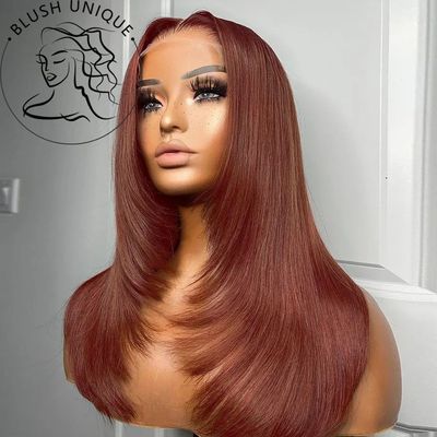 Reddish Brown Straight Lace Front Wigs Layered Cut Wig Gluel