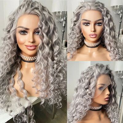 Silver Grey Long Curly Lace Front Glueless Wig 13x4 for Wome