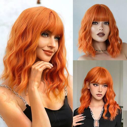Short Curly Bob Cut Synthetic Wigs with Bangs Light Ginger O