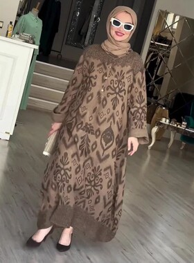 Printed Jalabiya Long Robe Elegant Casual Dress for Women