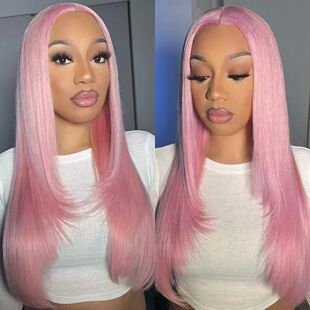 RONGDUOYI Pink Hair Layered Haircut Straight Lace Front Wigs