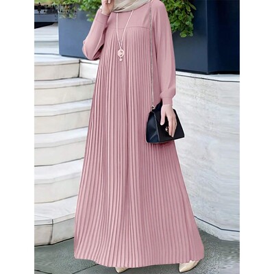 2026 ZANZEA Spring Elegant Long Sleeve Pleated Sundress Musl