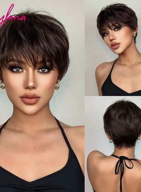 Short Pixie Cut Dark Brown Synthetic Wigs Natural Straight L