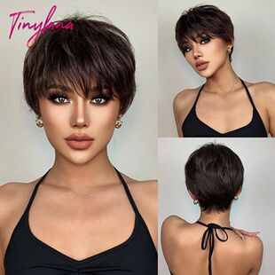 Short Pixie Cut Dark Brown Synthetic Wigs Natural Straight L