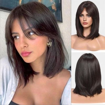 HAIRJOY  Women Dark Brown Wigs Straight Wig with Bangs Shoul