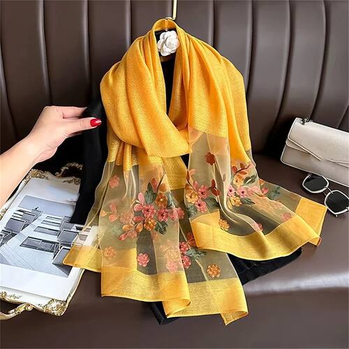 Women Silk Wool Scarf Floral Embroidery  Female Foulard Spri