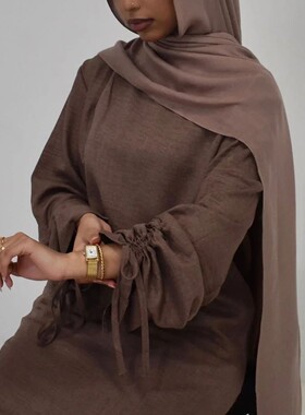 Women Modest Dress Abay String Sleeve Muslim Caftan Robe Mor
